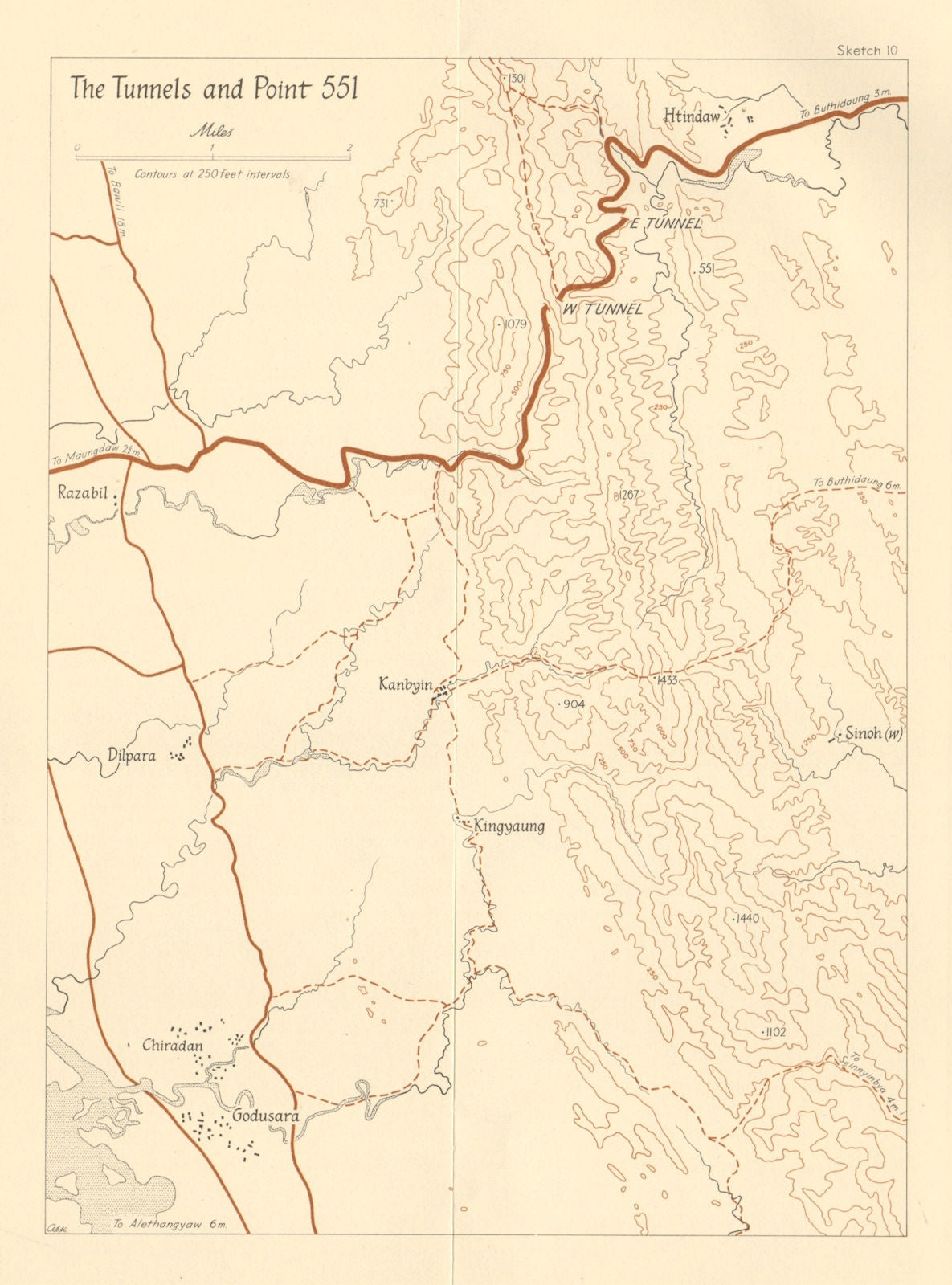 Burma Campaign 1944. World War 2. Arakan. The Tunnels & Point 551 1961 old map